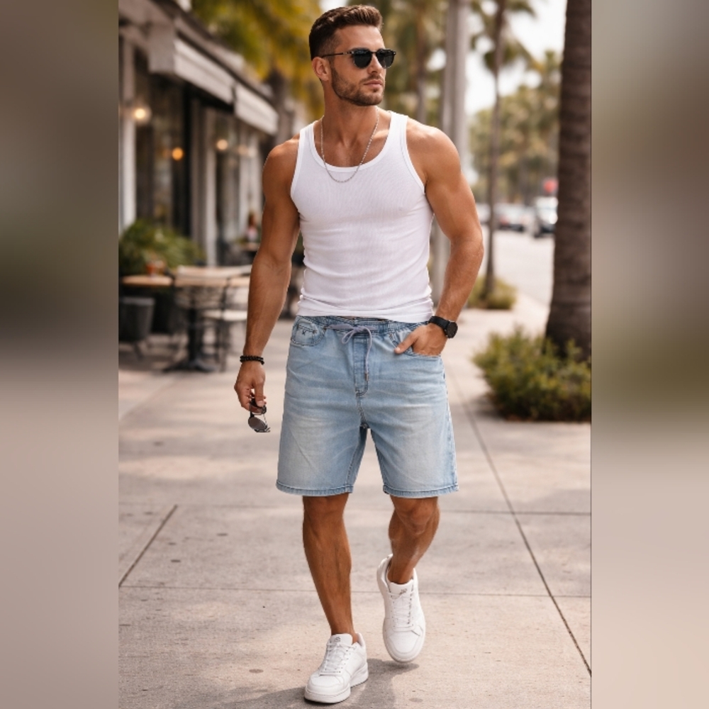 RES Denim Light Wash Drawstring Shorts Men’s Cotton Blend Elastic Waist Casual